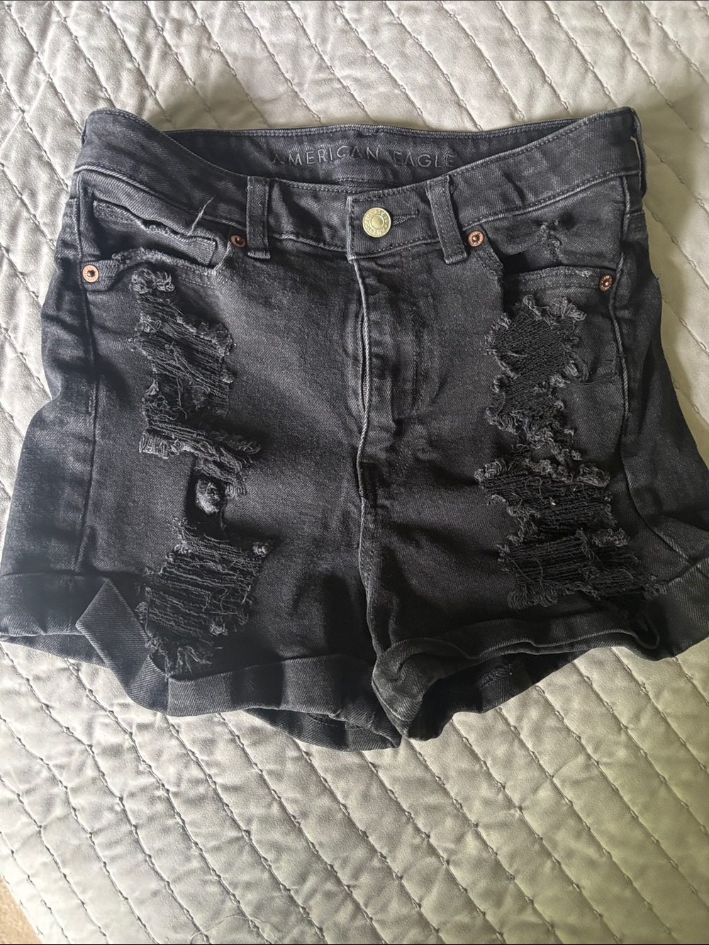 American Eagle Outfitters Black Ripped High-Waist Denim Stretch Shorts